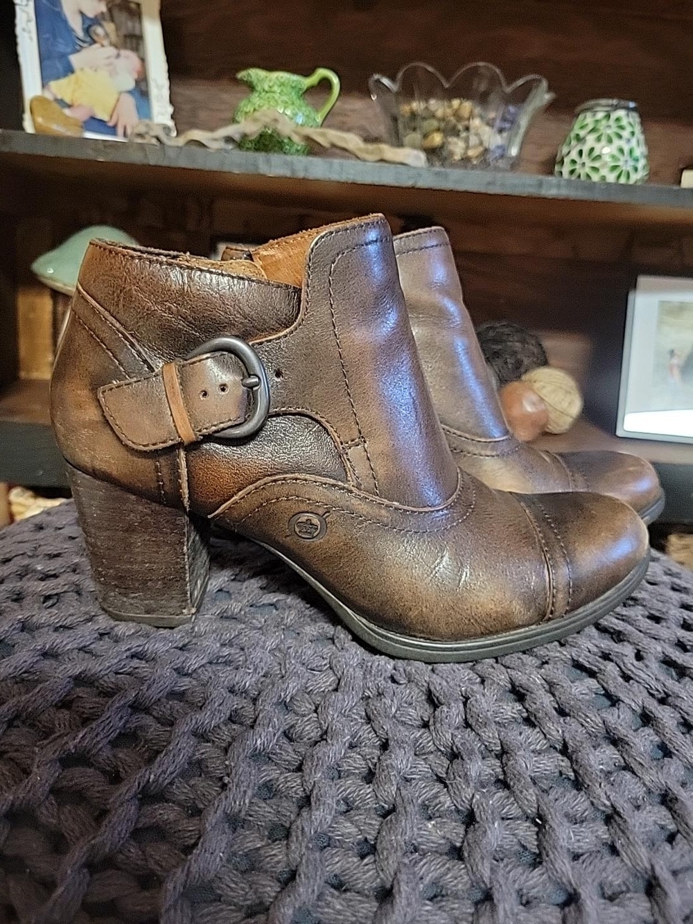 Born Women's Brown Leather Ankle Booties with Side Zip & Decorative Buckle Sz6.5